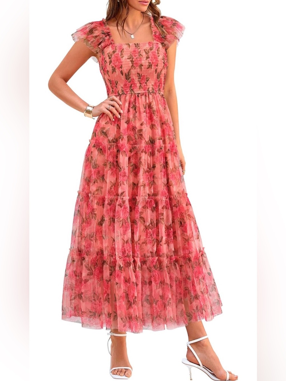 #66 Pretty Garden Tulle Midi Dress Sleeveless Smocked Ruffle Flowy Mesh Dresses